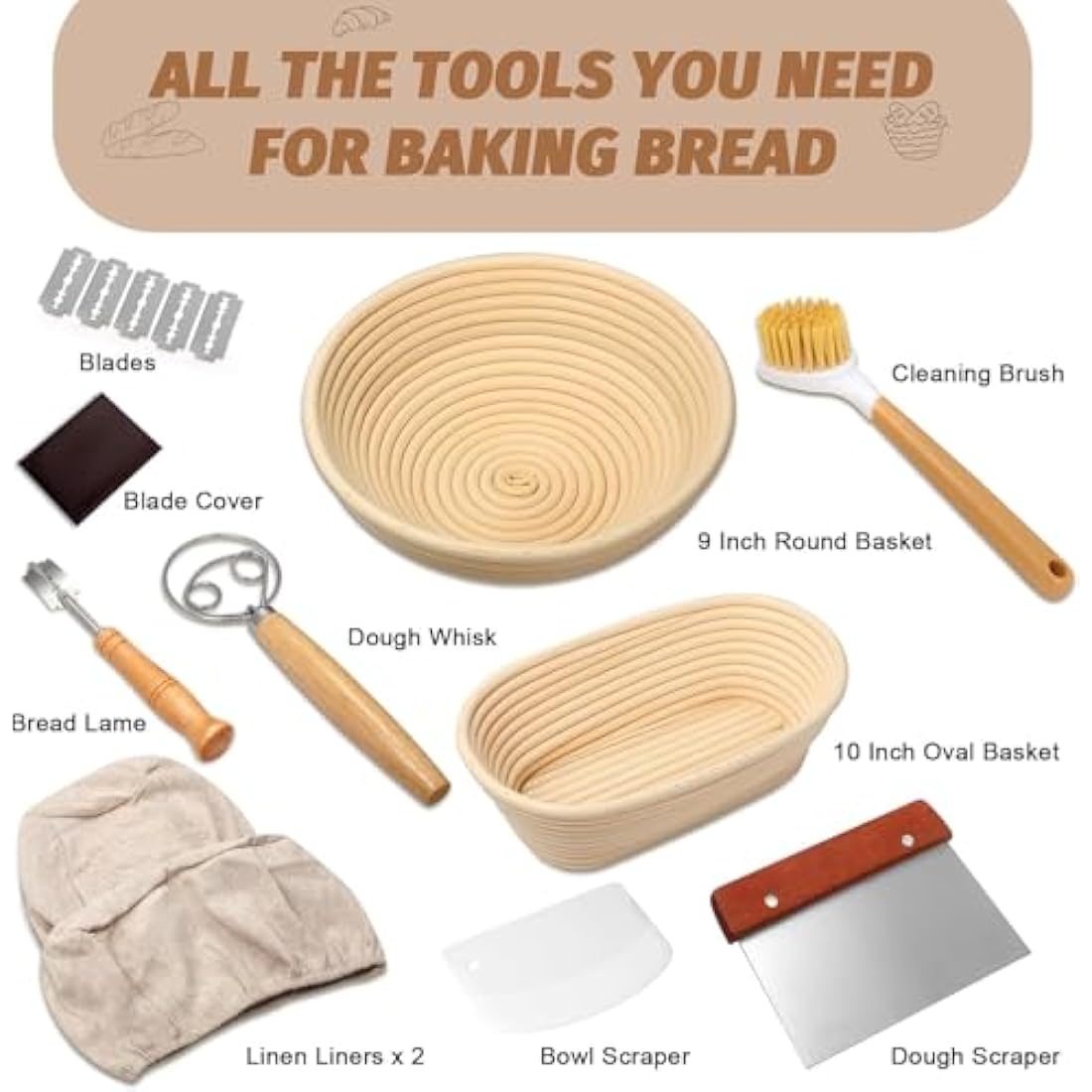 Banneton Bread Proofing Basket Set, 9 Inch Round & 10 Inch Oval Sourdough Proving Basket, 100% Natural Rattan, Sourdough Bread Making Kit with Cloth Liner, Bread Lame, Dough Whisk, Scrapers & Brush