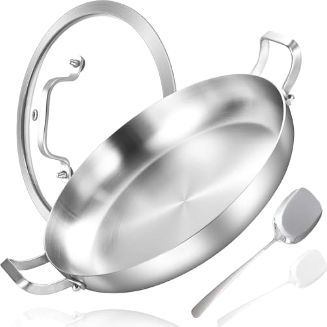 Inqibee 30 CM Tri-Ply Stainless Steel Paella Pan with Lid,Induction Cooking Frying Pan,Even Heating and Oven Safe