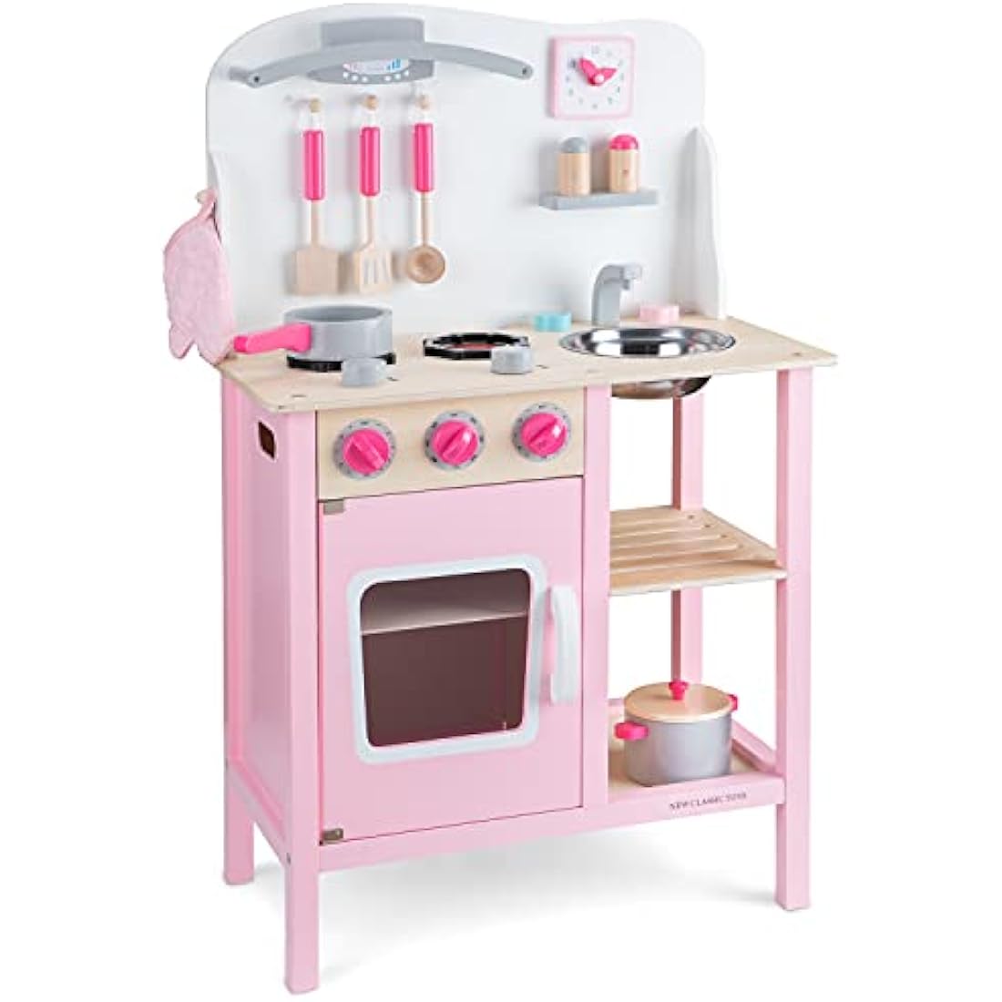 New Classic Toys 11054 Wooden Pretend Toy Kitchen for Kids Role Play Included Accessoires-Pink