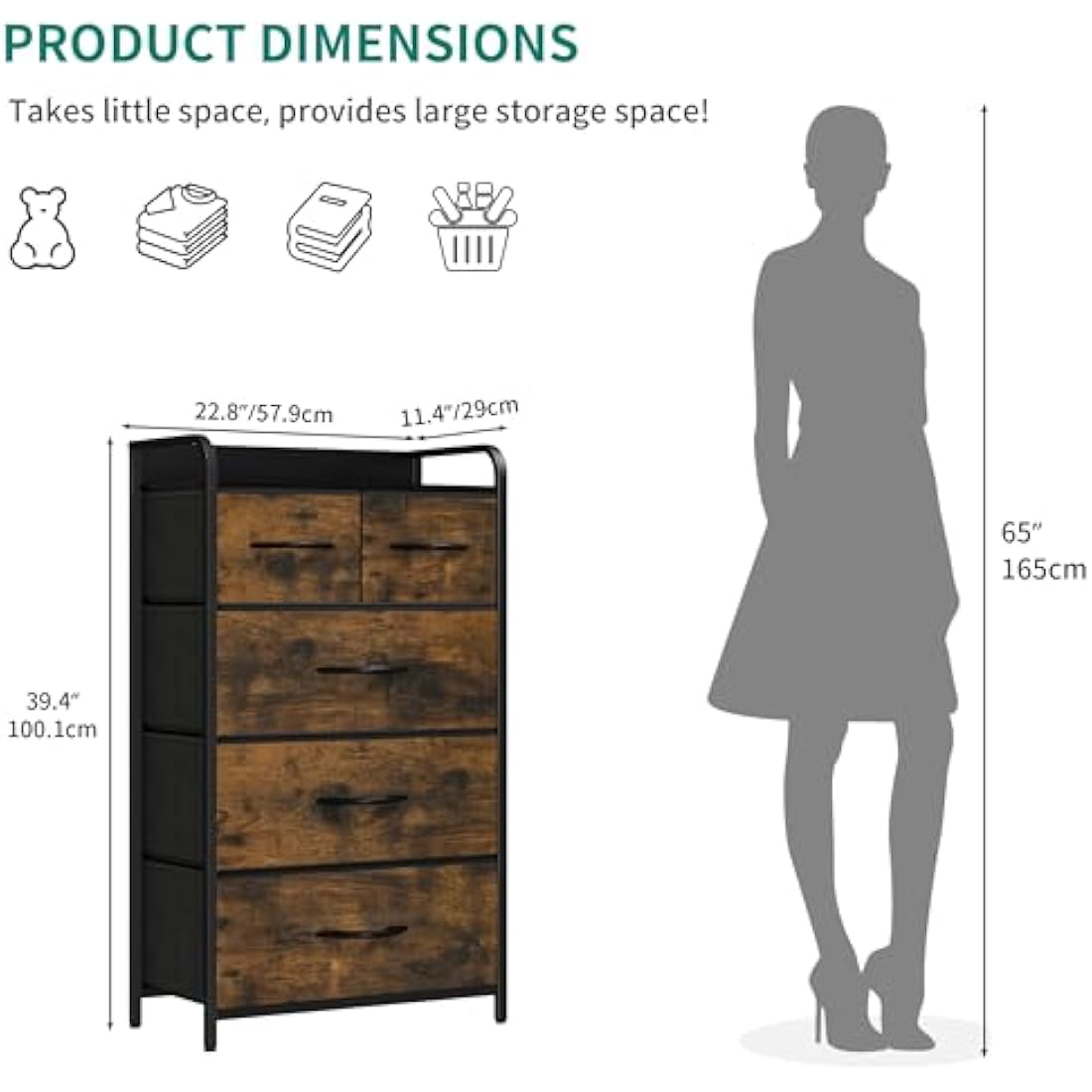 YITAHOME Chest of Drawer with 5 Drawers for Bedroom Fabric Dresser Storage Drawers With Handles Metal Frame for Living Room, Hallway,Rustic Brown