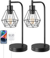 EDISHINE Bedside Lamps Set of 2, Dimmable LED Table Lamp, Diamond Cage Lampshade, USB Charging Ports, Touch Lamps for Living Room, Bedroom, E27 Socket, Bulb Included, Black