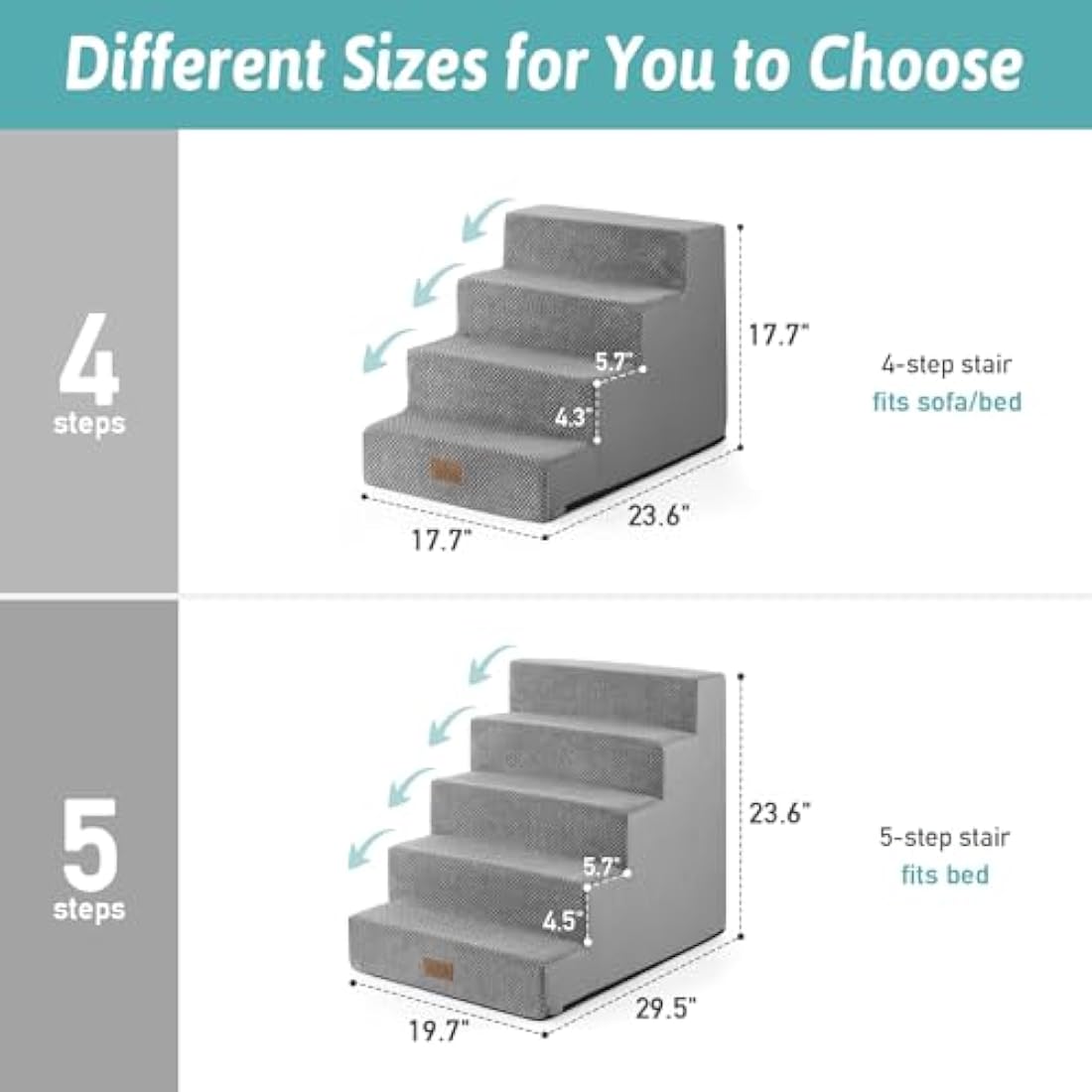 COZY KISS Wide Dog Stairs for Small Dogs, 19.7" Width Pet Stairs for High Bed Car, 60 cm High Non-Slip Dog Steps for Old Cats, Puppies, Small Medium Dogs, 75x50x60cm, 5 Tiers, Grey
