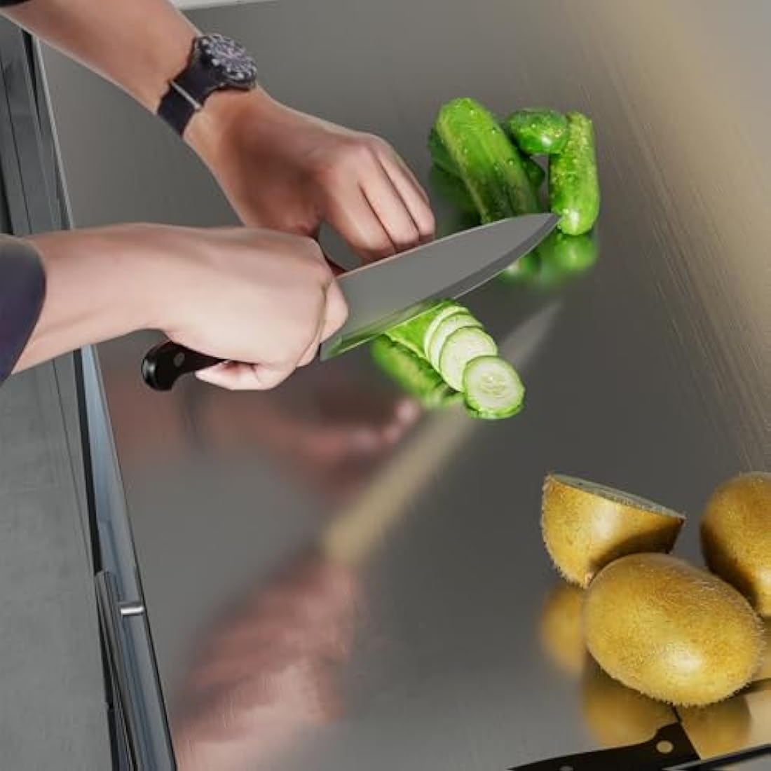 uyoyous Stainless Steel Cutting Board 80 x 50cm Large Chopping Board Pastry Board Worktop with Rolling Pin, Kitchen Cutting Mat for Kneading Pastry Meat Vegetables Bread