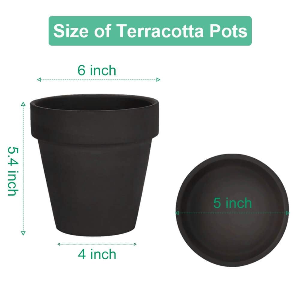 vensovo 15CM Black Terracotta & Clay Pots for Plant with Saucer - 4 Pack Medium Terra Cotta Planter with Drainage Hole, Flowerpot for Indoor Outdoor