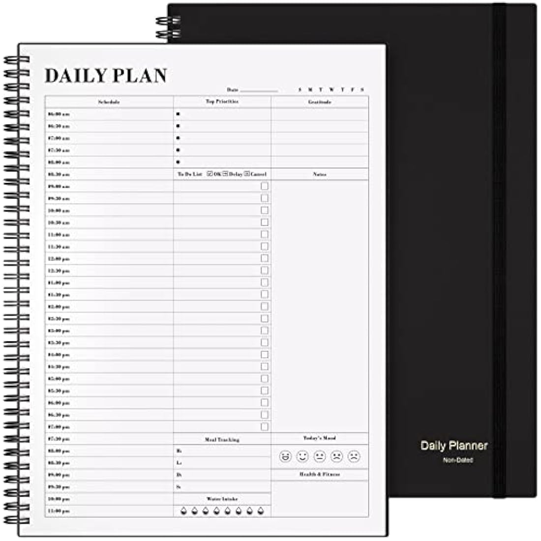 Planner Undated, Asten Daily Planner Agenda with To Do List, Hourly Schedules for Women and Men, Spiral Appointment Book with Elastic Closure, Inner Pocket 21.6 x 28cm (Black)