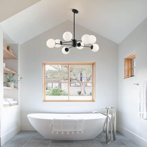 KCO Lighting Black Sputnik Chandeliers Ceiling Mount 8-Light Glass Ball Sputnik Chandelier Mid Century Modern Chandelier Light Fixture Kitchen Island Sputnik (Black+White)