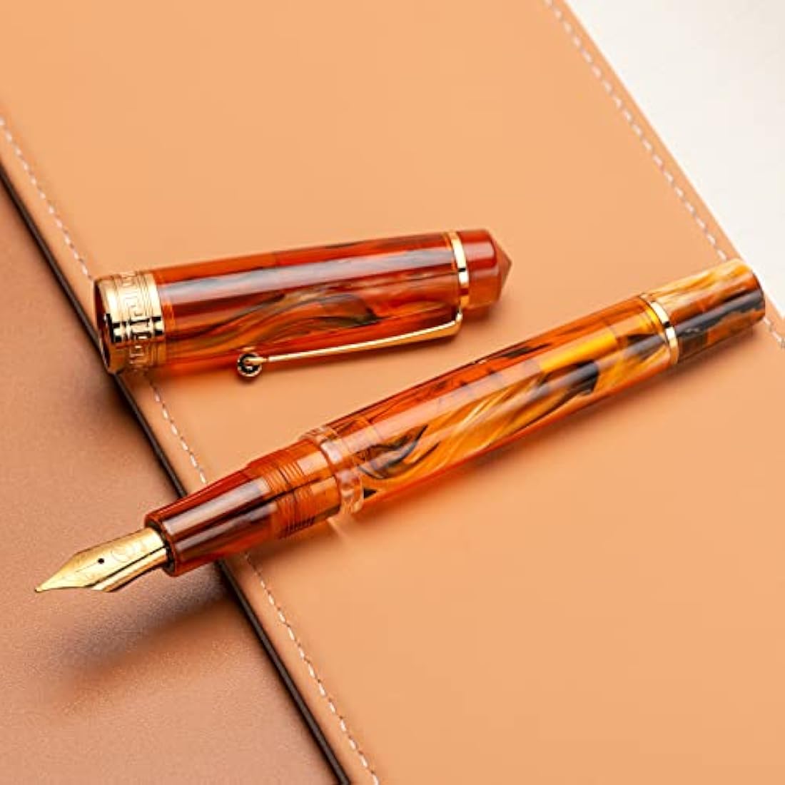 Asvine P20 Piston Fountain Pen Amber Resin, Iridium Extra Fine Nib Gold Trim Smooth Writer Collection with Case Set