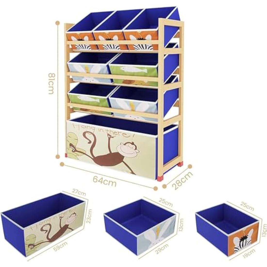 Dripex Kids Toy Storage Units, 4 Tier Children's Toy Organiser Shelf with 8 Removable Fabric Bins Boxes, Wooden Organiser Rack for Nursery Playroom 64 x 28 x 81cm