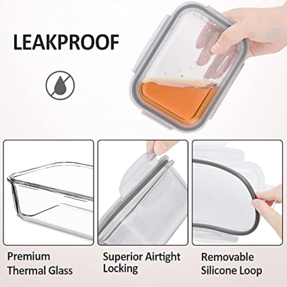 ROSOS Glass Food Storage Containers with Airtight Lids, 6 Pack Super Leak Proof Glass Containers with Lids, Not Easy Broken & BPA Free, Glass Food Containers for Freezer to Oven Safe, Grey