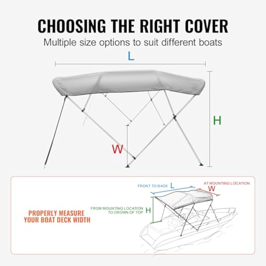 VEVOR 4 Bow Bimini Top Boat Cover, 900D Polyester Canopy with 1" Aluminum Alloy Frame, Waterproof and Sun Shade, Includes Storage Boot, 2 Support Poles, 4 Straps, 8'L x 54"H x 91"-96"W, Light Grey