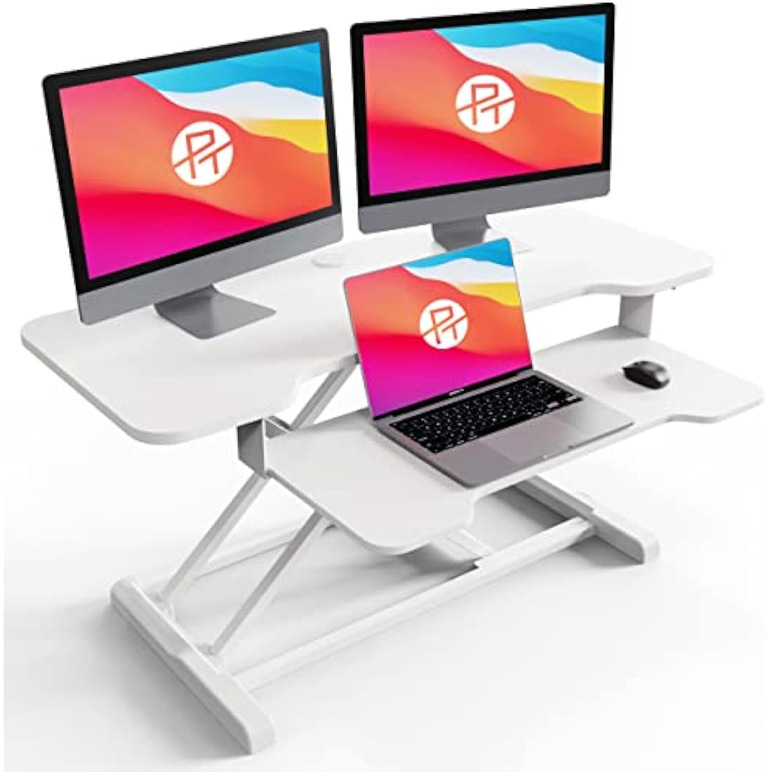 PUTORSEN Standing Desk Converter, 36" Height Adjustable Sit Stand Desk Riser with Keyboard Tray, Dual Tiered Computer Workstation with Cup Holder and Note Board up to 15kg, White