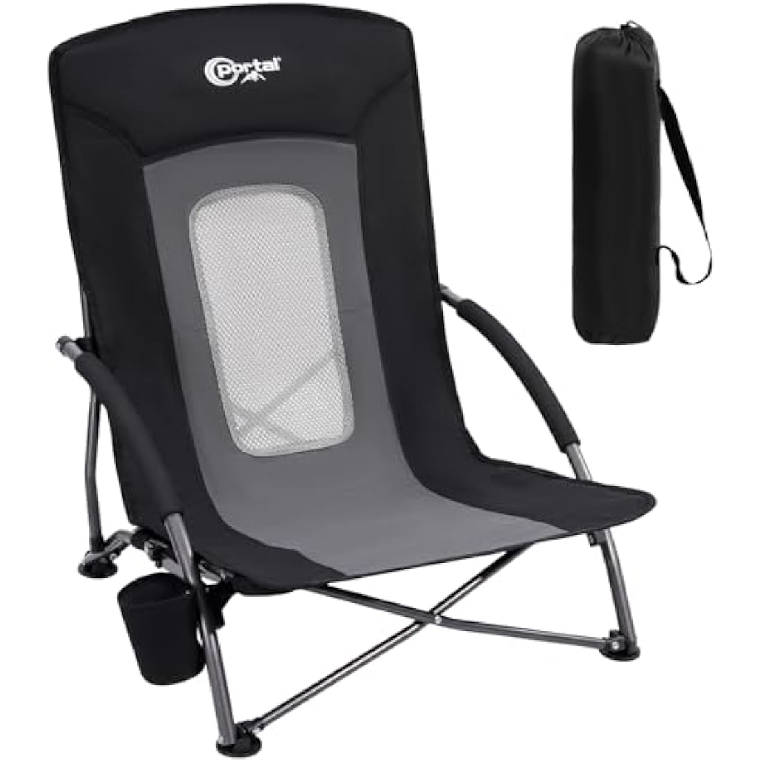 Portal Folding Beach Chairs Low Lightweight Portable for Adults Foldable Beach Seat Camping Festival Picnic Deck Chair Outdoor Collapsible with Cupholder Mesh Back Padded Armrests Supports 150KG