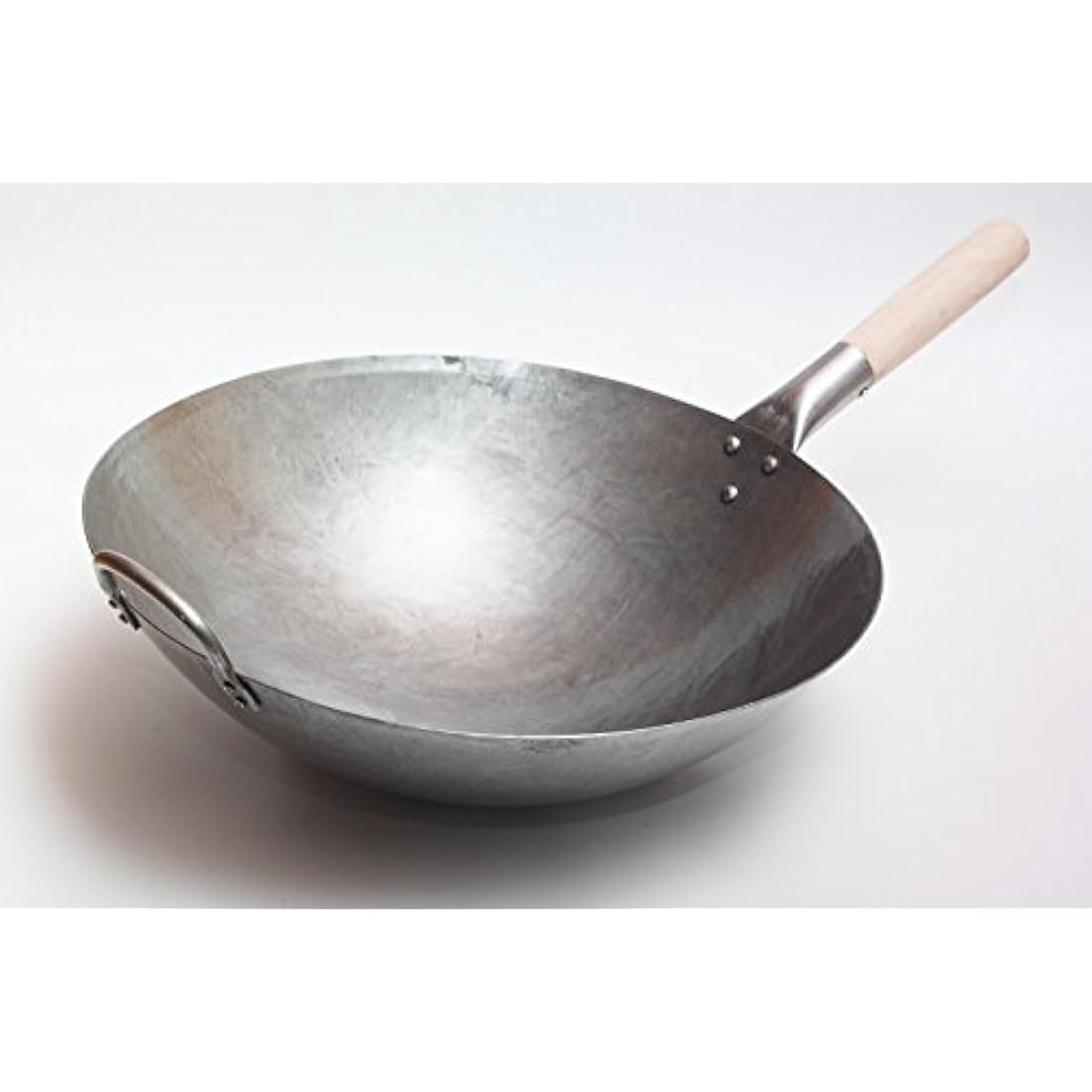 Craft Wok Big 16 Inch Heavy Hand Hammered Carbon Steel Pow Wok with Wooden and Steel Helper Handle (Round Bottom) / 731W138