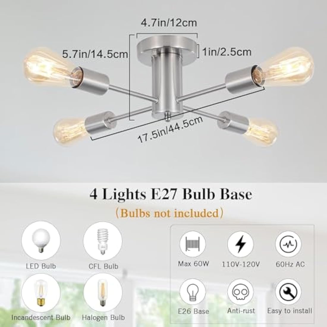 QAREHL Sputnik Ceiling Lights Living Room, 4 Lights Modern Chrome Ceiling Lights Mid Century Industrial Sputnik Chandelier for Bedroom, Kitchen, Dining Room, Hallway, Lounge