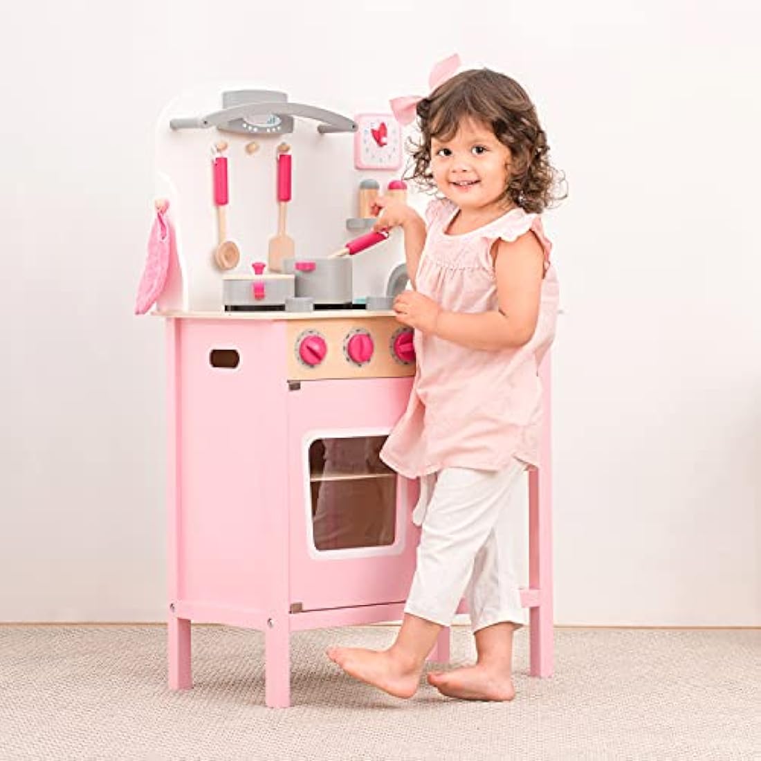 New Classic Toys 11054 Wooden Pretend Toy Kitchen for Kids Role Play Included Accessoires-Pink