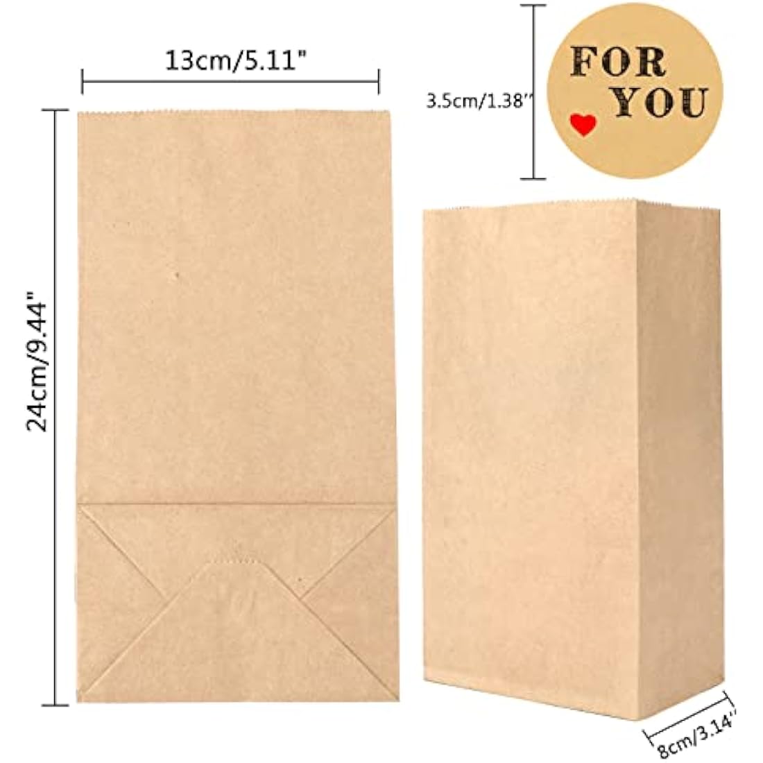 G2PLUS 100 Medium Brown Kraft Paper Bags - 13x8x24 CM Candy Favor Bags with Stickers for Snack, Birthday, Wedding and Party