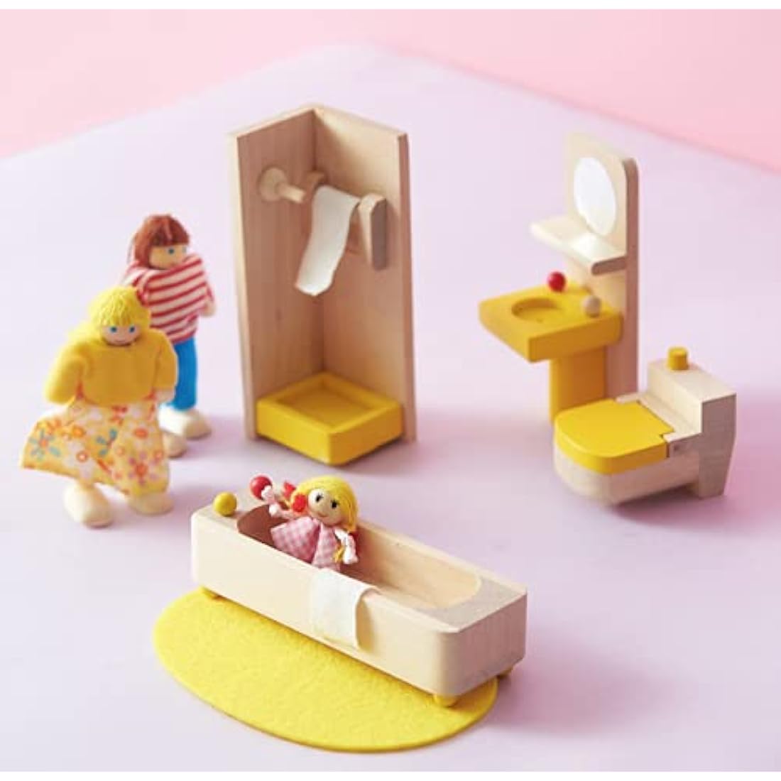 DecoBay Wooden Dolls House Furniture 4-6 Sets: Bedroom, Kitchen, Bathroom, Living Room With Family (5 Rooms and 7 Dolls)