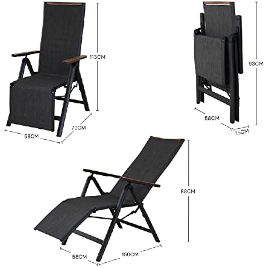 Grand patio Foldable Sun Lounger, Reclining Garden Chair, Aluminium Camping Chairs, Adjustable 6 Position High Backrest, Deck Chair for Garten, Outdoor, Poolside (Black)