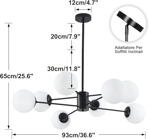 KCO Lighting Black Sputnik Chandeliers Ceiling Mount 8-Light Glass Ball Sputnik Chandelier Mid Century Modern Chandelier Light Fixture Kitchen Island Sputnik (Black+White)