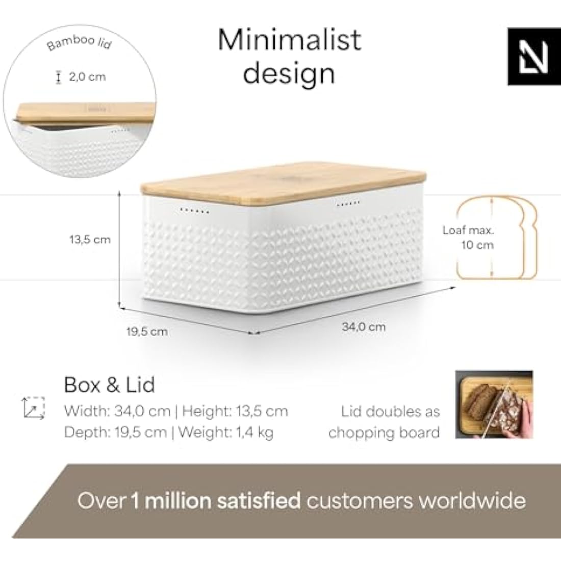 LARS NYSØM Bread Bin I Metal bread box with linen bread bag for long lasting freshness I Bread bin with bamboo lid usable as cutting board I 13.4x7.3x5.3 In (Pure White)