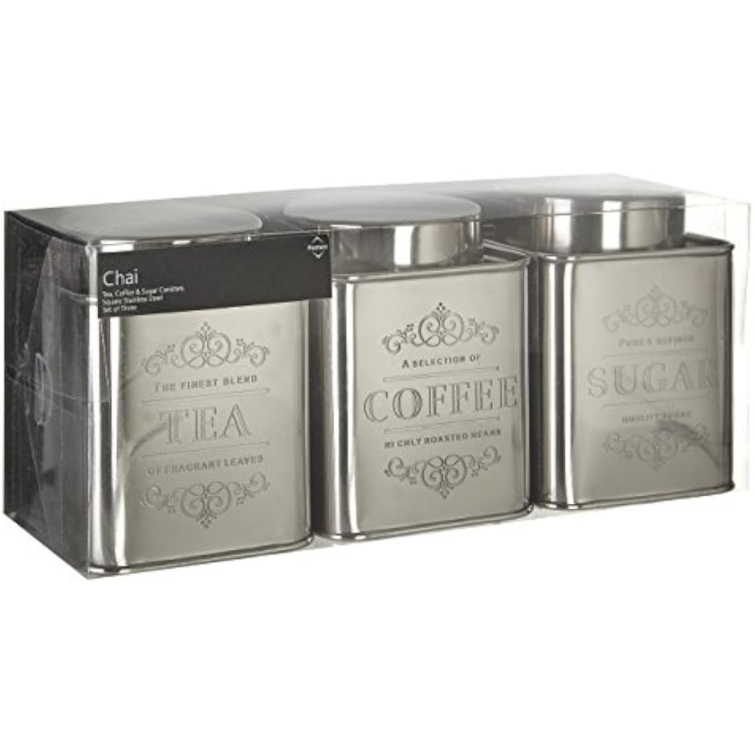 Premier Housewares Coffee Tea Sugar Set Stainless Steel Sugar Tea And Coffee Containers Grey Tea Coffee And Sugar Canisters Set Set of Three 12x10x10, Silver