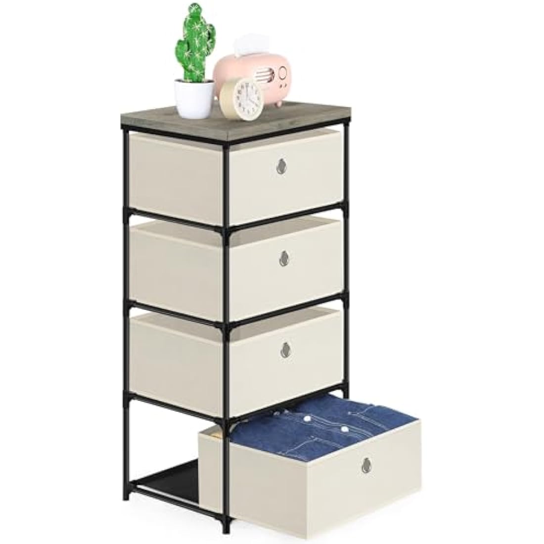 LIANTRAL 4 Tier Chest of Drawers, Metal Frame Vertical Fabric Dresser, Large Capacity Storage Organizer Unit for Bedroom, Living Room, Hallway and Closet, Off-white