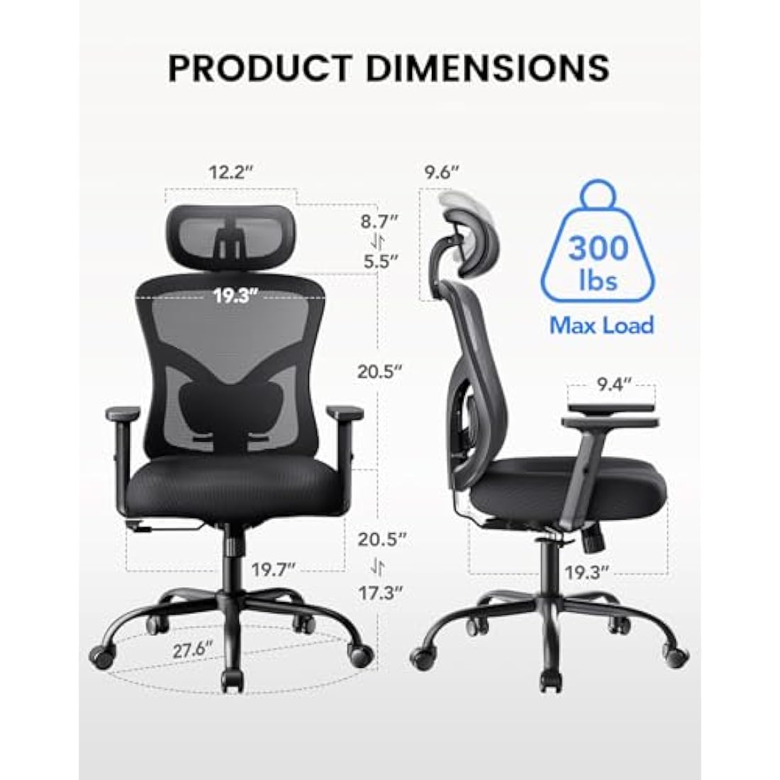 NOBLEWELL Ergonomic Office Chair, Home Office Desk Chairs with Adjustable Lumbar Support, Headrest, 2D Armrest, Computer Chair Backrest 135° Freely Rocking Relaxation, for Home Gaming, Black