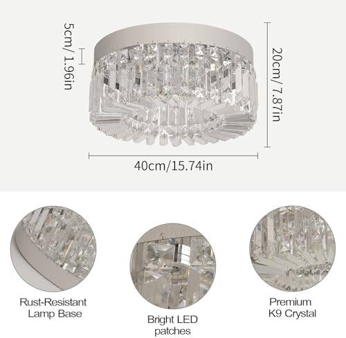 VETRULUS Crystal Chandeliers for Living Room Flush Mount Crystal Ceiling Light Fixtures 40CM Modern LED Chandelier for Dining Room Kitchen Foyer Chrome Silver