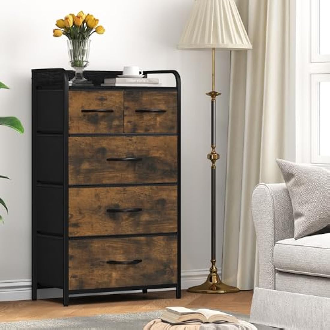 YITAHOME Chest of Drawer with 5 Drawers for Bedroom Fabric Dresser Storage Drawers With Handles Metal Frame for Living Room, Hallway,Rustic Brown