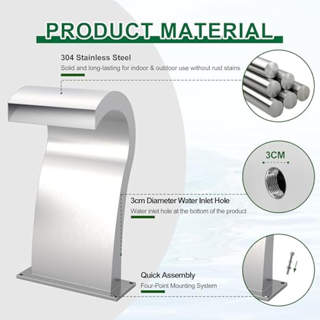 LONGRUNNEW Waterfall Spillway Stainless Steel Pool Fountain Curved with Accessories, Pond Waterfalls S-Shaped Outdoor Water Spillway Fountains Kit for Garden Patio Swimming Pool Decoration-52cm Height
