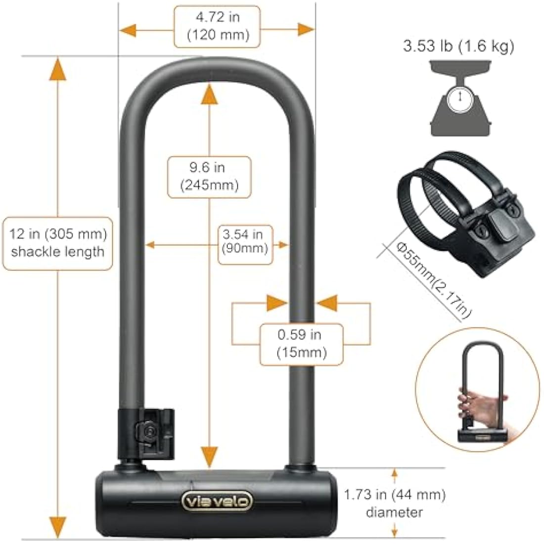 Via Velo Bike Lock 2 Sets 20CrMnTi Steel 16mm Shackle Sold Secure Gold with Bracket and Bike Chain Lock, 7mm 4 Side Squre Shape Chain 2.96Ft Length, Same Key System 6Keys for Electric Bikes Scooters