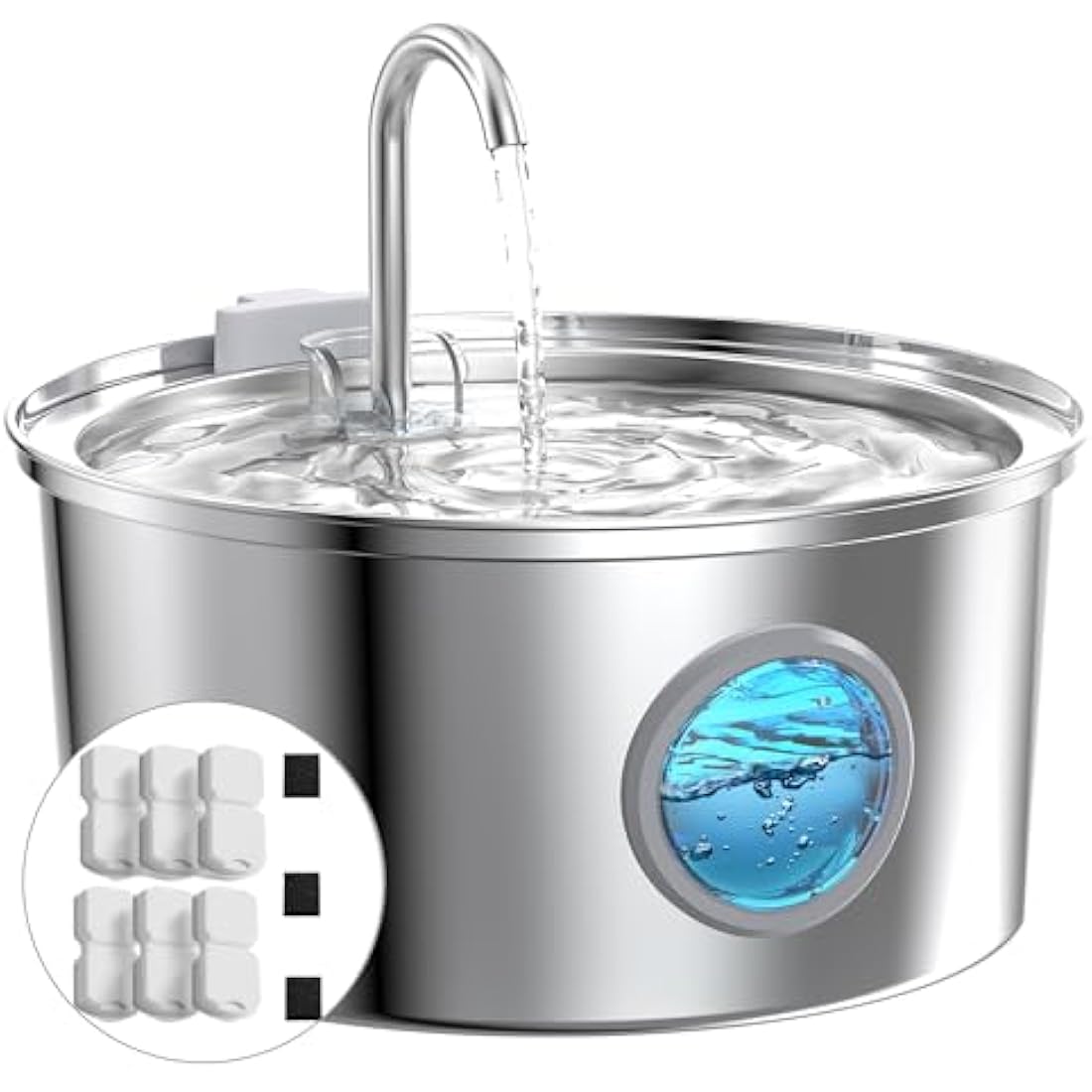 Cat Water Fountain Stainless Steel: Water Fountain Cat Bowl - 3.2L Drinking Fountains for Cats - Pet Water Dispenser - with 6 Carbon Filters + 3 Sponges