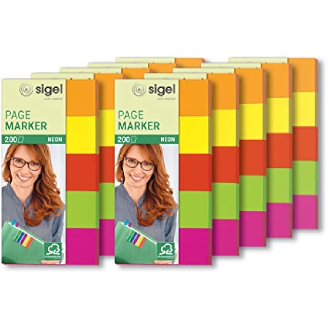 SIGEL HN650 Adhesive Paper Bookmarks, 2000 sheets of 5 x 2 cm, FSC certified, orange, yellow, red, green, and pink
