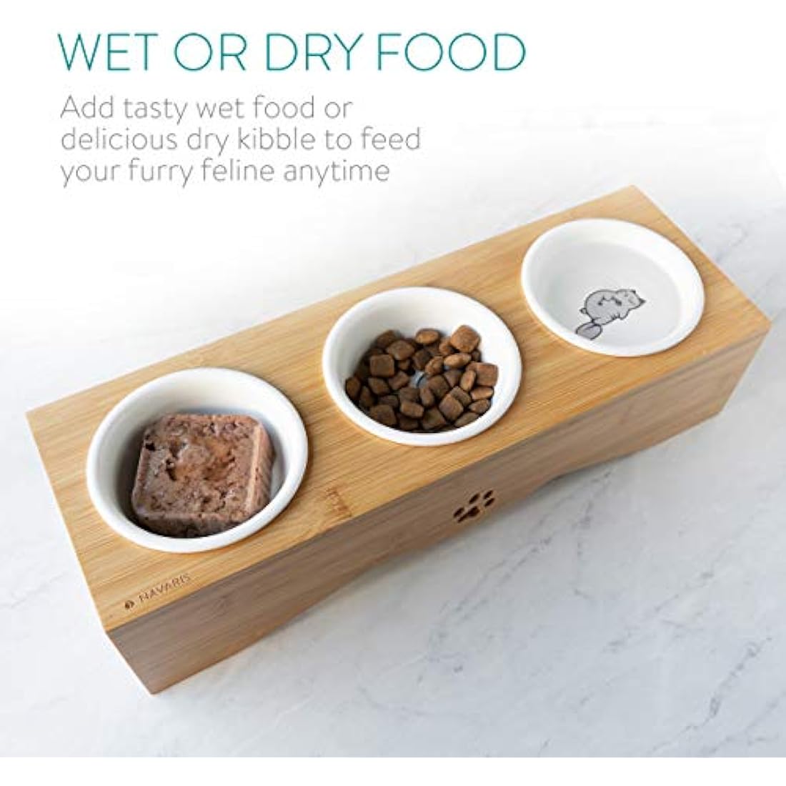 Navaris Raised Cat Bowls - Elevated Triple Cat Food Bowl Feeder - Ceramic Feeding Dishes with Bamboo Stand - 3 Dish Feeding Station Set with Printed Designs