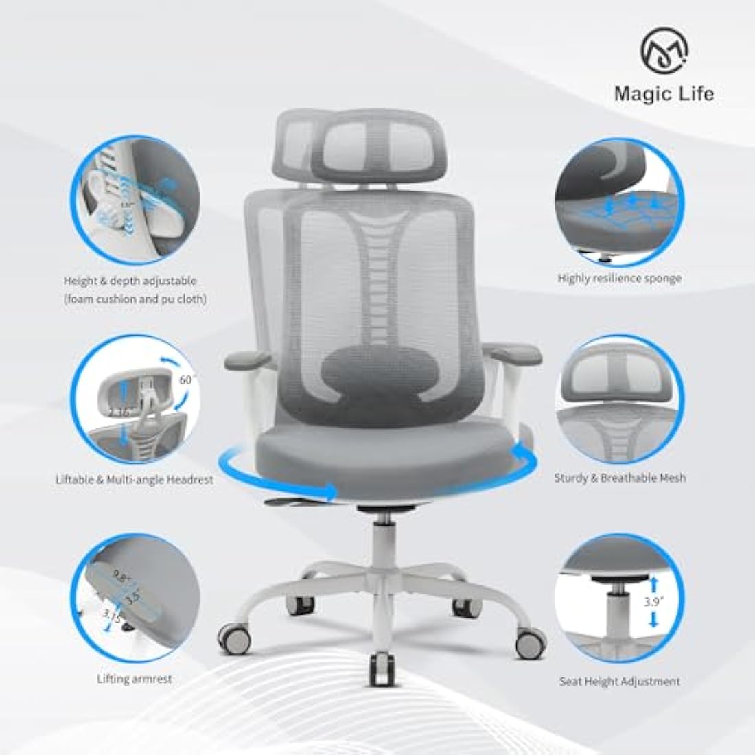 Magic Life Ergonomic Office Chair, 4 Gear Adjustable Home Desk Chair,Adjustable Lumbar Support with Thickened Cushion,3D Headrest & Comfortable Armrest Computer Chair