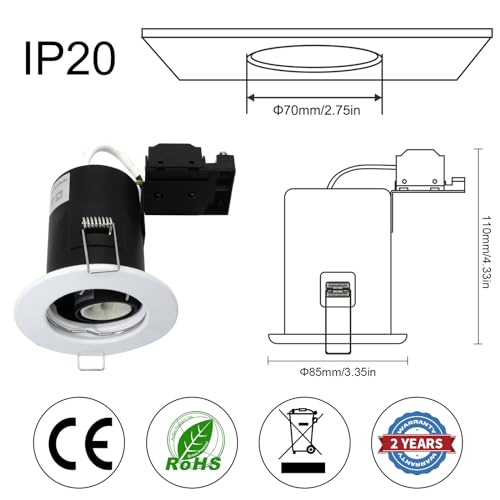 Wondlumi 8X Fire Rated Downlights, White IP20 Spot Lights Recessed Ceiling Lights Spotlights Fitting 240V for Bedroom, Living Room, No Bulbs