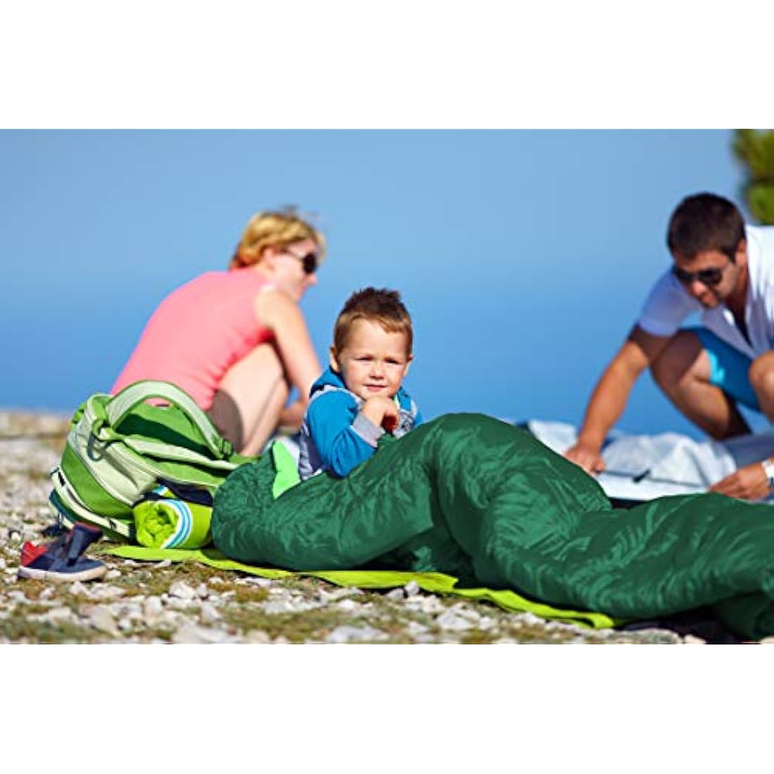 Meteor - YMER Kids Sleeping Bag – Camping Equipement for Girls, Boys & Teens – Compact Travel Gear for Hiking, Sleepover – Winter, Spring, Summer or Fall – for Kids 155 cm Tall - Blue/Green