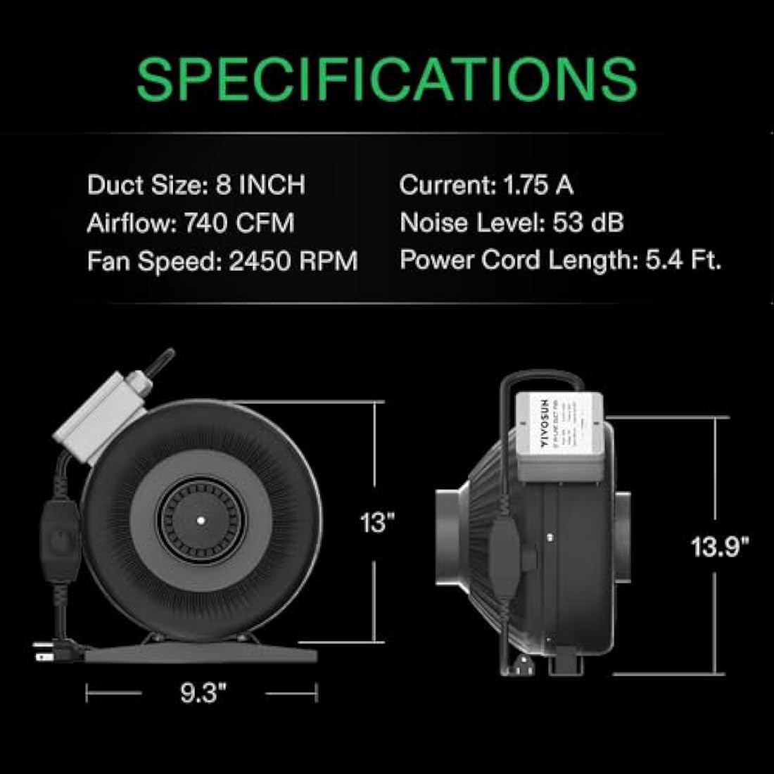 VIVOSUN Inline Pipe Fan 200 mm Extractor Fan 1257 m³/h with Continuous Speed Controller for Grow Tents, Indoor Garden Ventilation