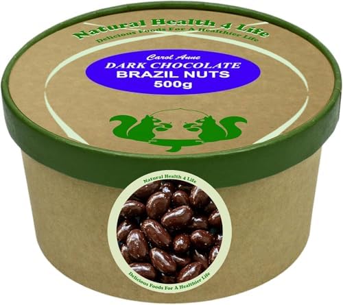 Natural Health 4 Life Carol Anne Confectionery Dark Chocolate Brazil Nuts 500g, Recyclable Kraft Tub and Sealed with Kraft Paper to Retain Freshness, Gluten-Free, Vegetarian,7.6g Protein/100g (1 Tub)