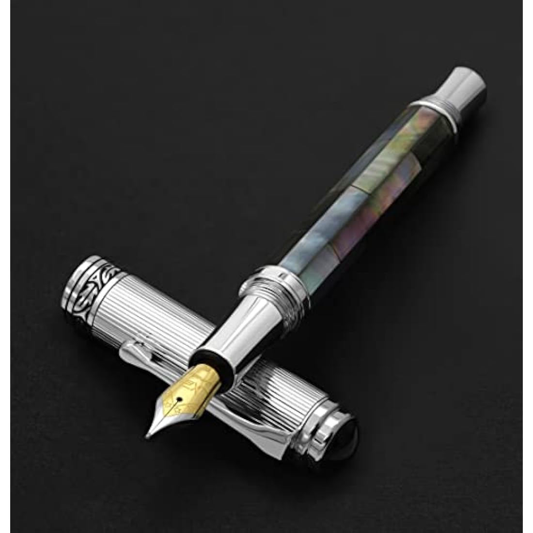 Xezo Maestro Black Mother of Pearl Fountain Pen, Medium Nib. Chrome Plated. Handmade, No Two Pens Alike