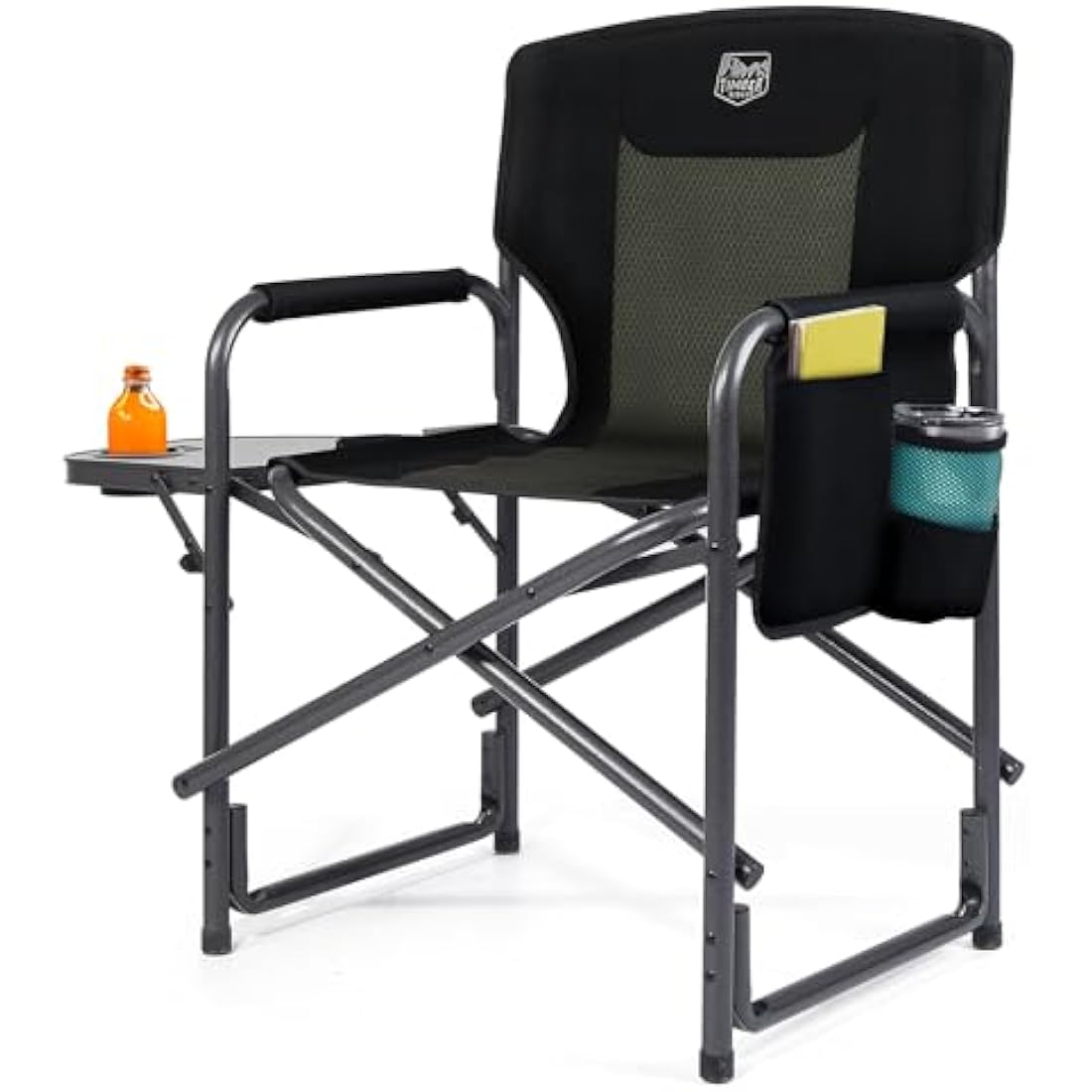 TIMBER RIDGE Camping Chair Heavy Duty 180kg Capacity, Directors Chair Folding Aluminum with Side Table, Portable for Outdoor Festival BBQs Black