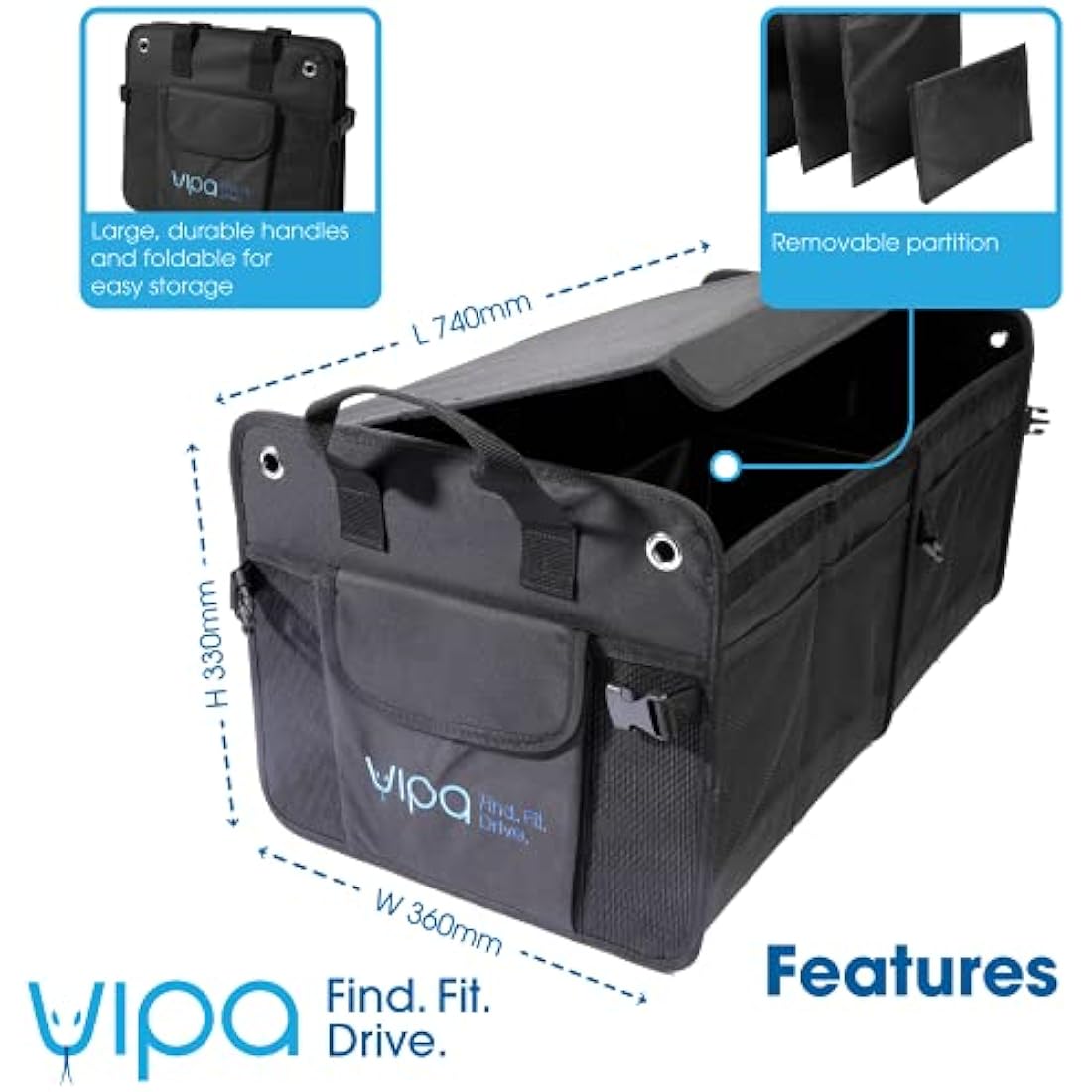 VIPA CAR PARTS Universal Boot Organiser. Large Storage Capacity, Multiple Compartments. Durable & Washable Fabric. Easy to Assemble. 10 Outer Pockets and Hook & Loop Fastener Lid.