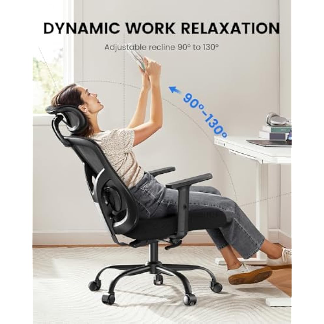 NOBLEWELL Ergonomic Office Chair, Home Office Desk Chairs with Adjustable Lumbar Support, Headrest, 2D Armrest, Computer Chair Backrest 135° Freely Rocking Relaxation, for Home Gaming, Black