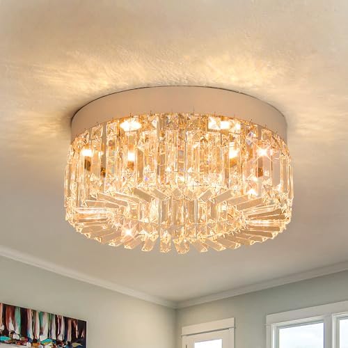 VETRULUS Crystal Chandeliers for Living Room Flush Mount Crystal Ceiling Light Fixtures 40CM Modern LED Chandelier for Dining Room Kitchen Foyer Chrome Silver