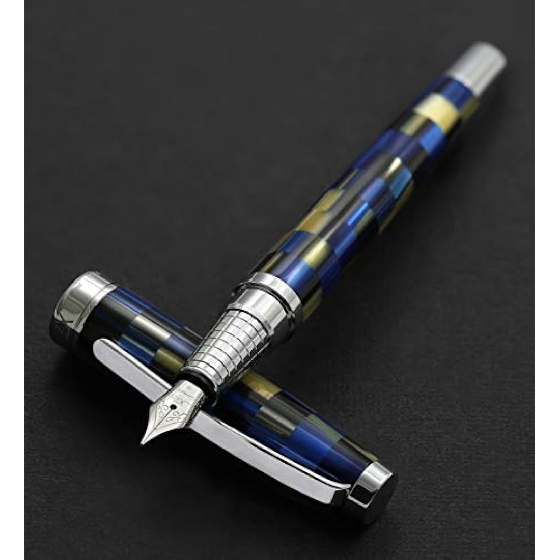 Xezo Urbanite Fountain Pen, Medium Nib. Retro Blue, Black, and Cream Colors with Chrome Plating. Limited Edition and Serialized. No Two Alike