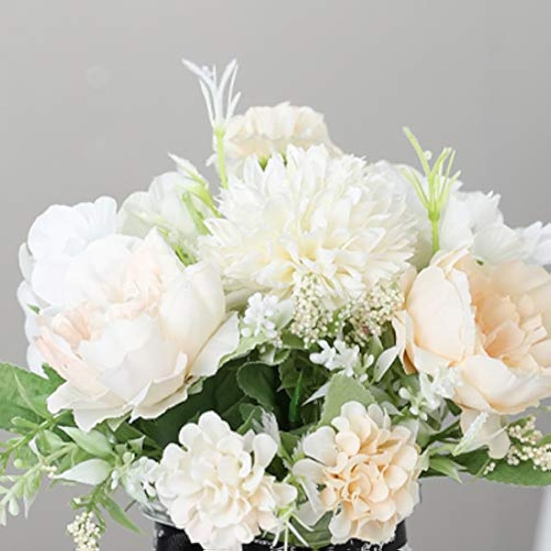 Leixi Artificial Hydrangea Flowers Plants With Pot, 11 × 20cm Fake Plants in Metal Pot, Silk Roses Flowers for House Office Desk Kitchen Table Windowsill Decoration, New House Gift (White)