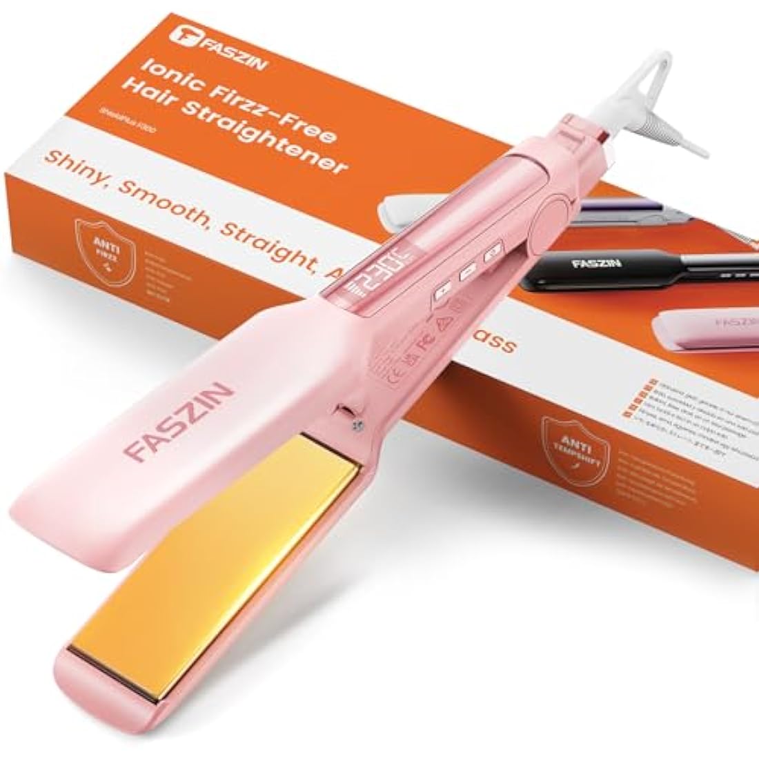Faszin Professional Hair Straighteners, 42mm Wide Plate Titanium Negative Ion Flat Iron, 30s Rapid Heating, 11 Adjustable Temperature Levels (130-230℃), Real-time Temperature Display-Pink