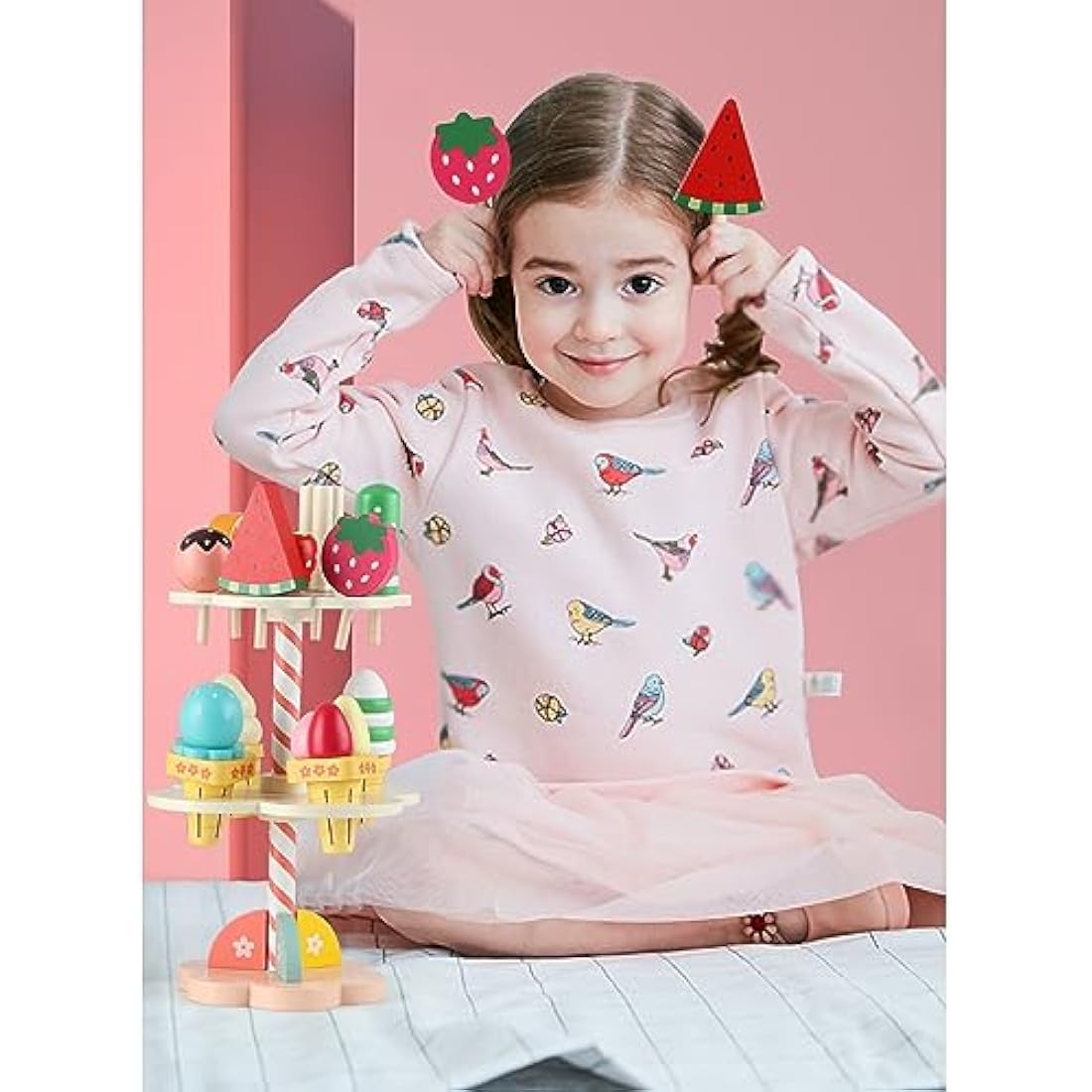 Wondertoys Wooden Ice Cream Stand Pretend Play Kitchen Food Toy Set