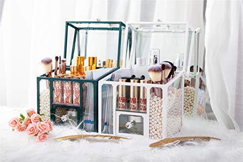 London Boutique Large Makeup Organiser Cosmetic Storage Makeup Brush Holder with Lid Dustproof Pearls (Pine Green)