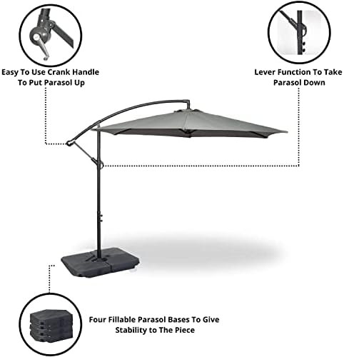 GardenCo 3m Cantilever Banana Parasol INCLUDES BASES & COVER - Hanging Parasol with Crank Handle - Outdoor Garden and Patio Sun Shade (Grey)